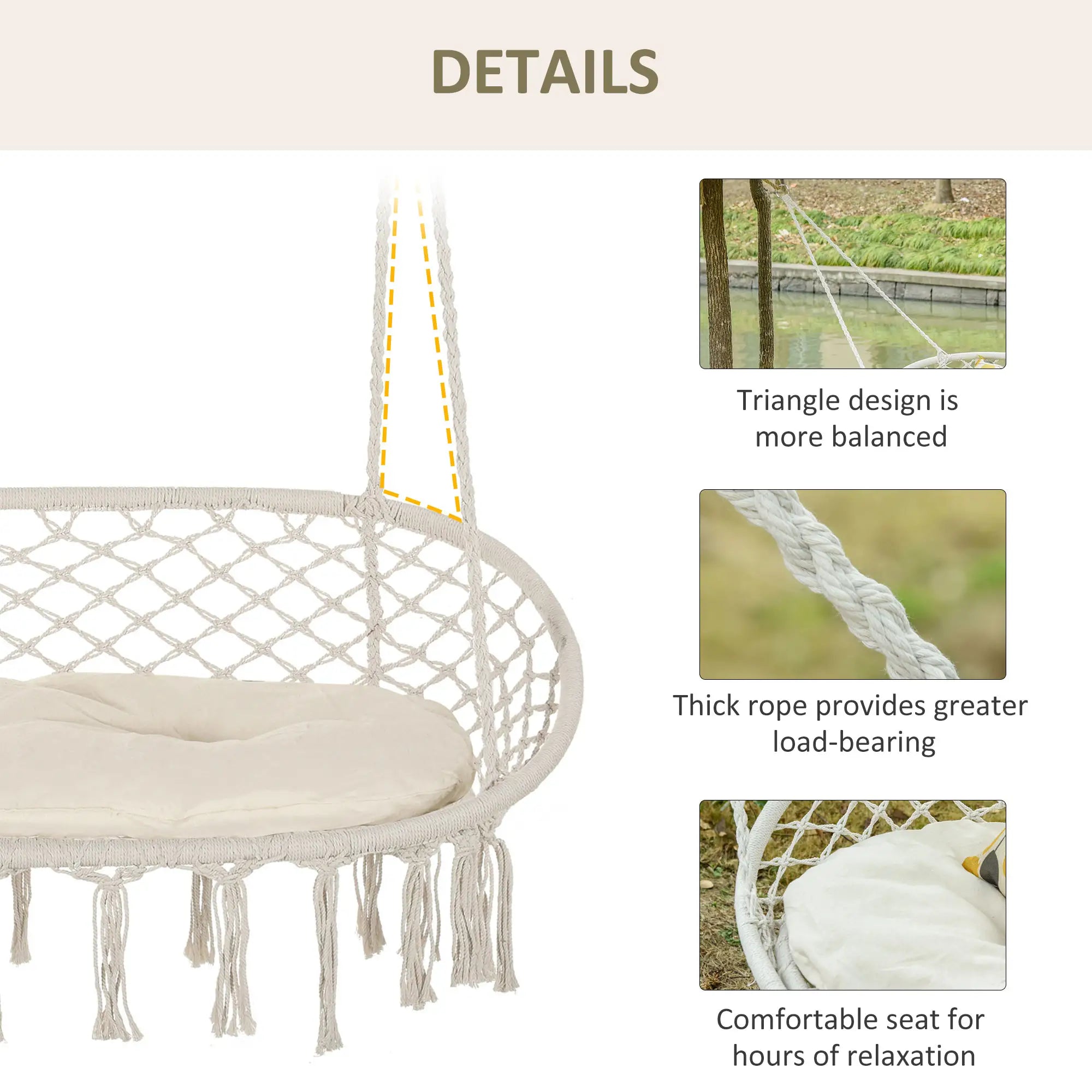 Hammock Chair, 2 Seat, Hanging Rope Swing with Cushion, Large, Cream White Patio Swings with Stand at Gallery Canada