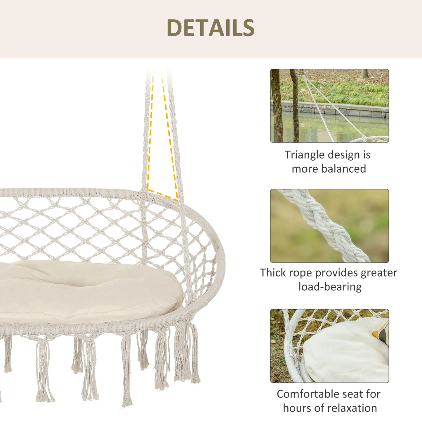 Hammock Chair, 2 Seat, Hanging Rope Swing with Cushion, Large, Cream White Patio Swings with Stand at Gallery Canada