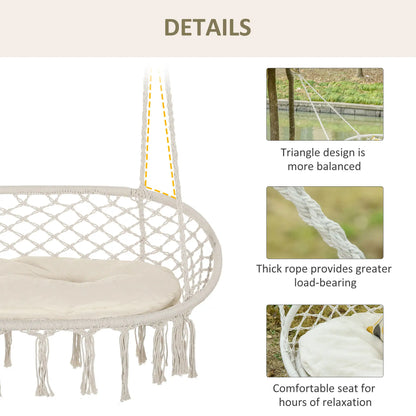 Hammock Chair, 2 Seat, Hanging Rope Swing with Cushion, Large, Cream White Patio Swings with Stand at Gallery Canada