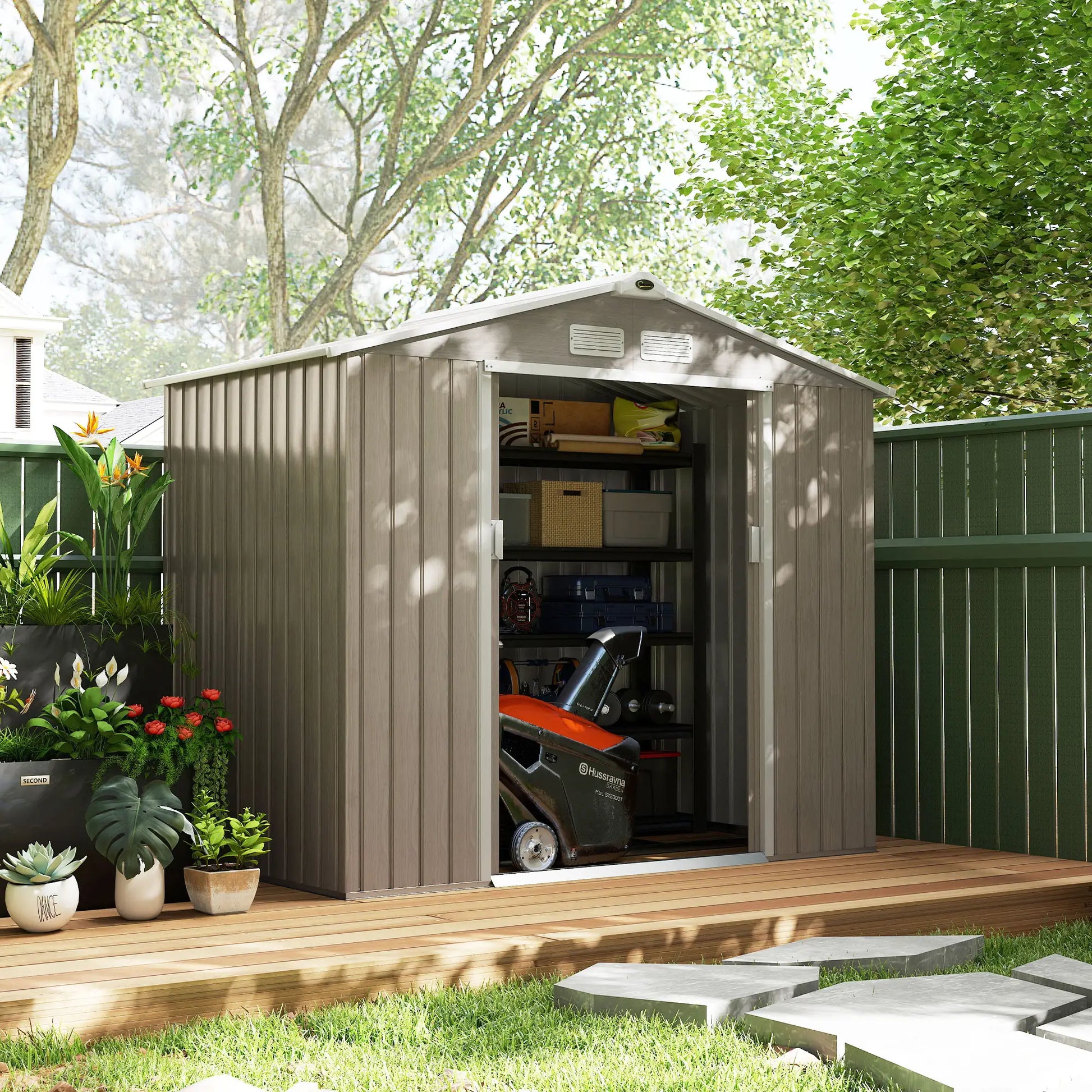 7' x 4' x 6' Garden Storage Shed, Metal Tool House, Light Brown Sheds at Gallery Canada