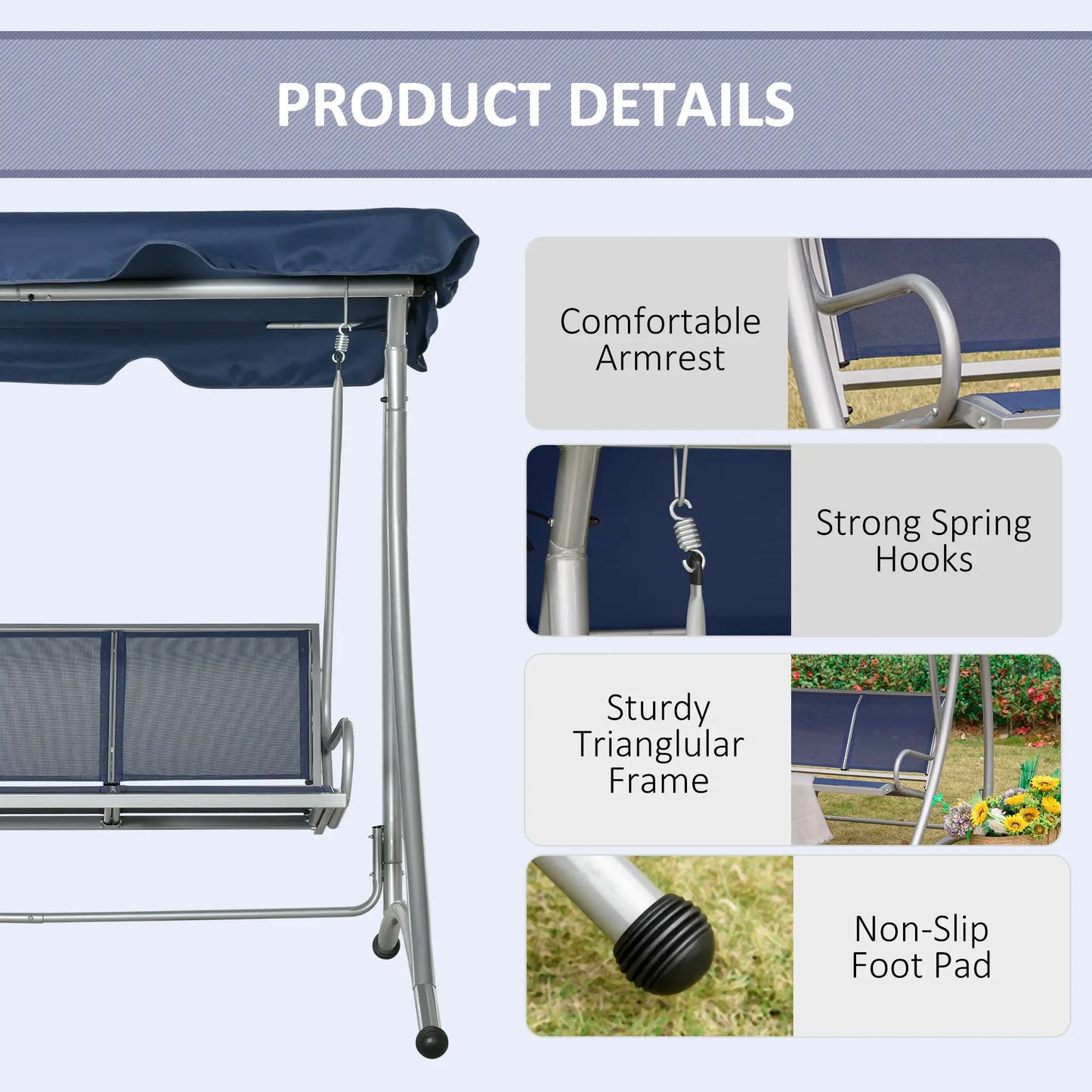 3-Seater Outdoor Swing Bench, Adjustable Canopy, Dark Blue Porch Swings with Canopy at Gallery Canada
