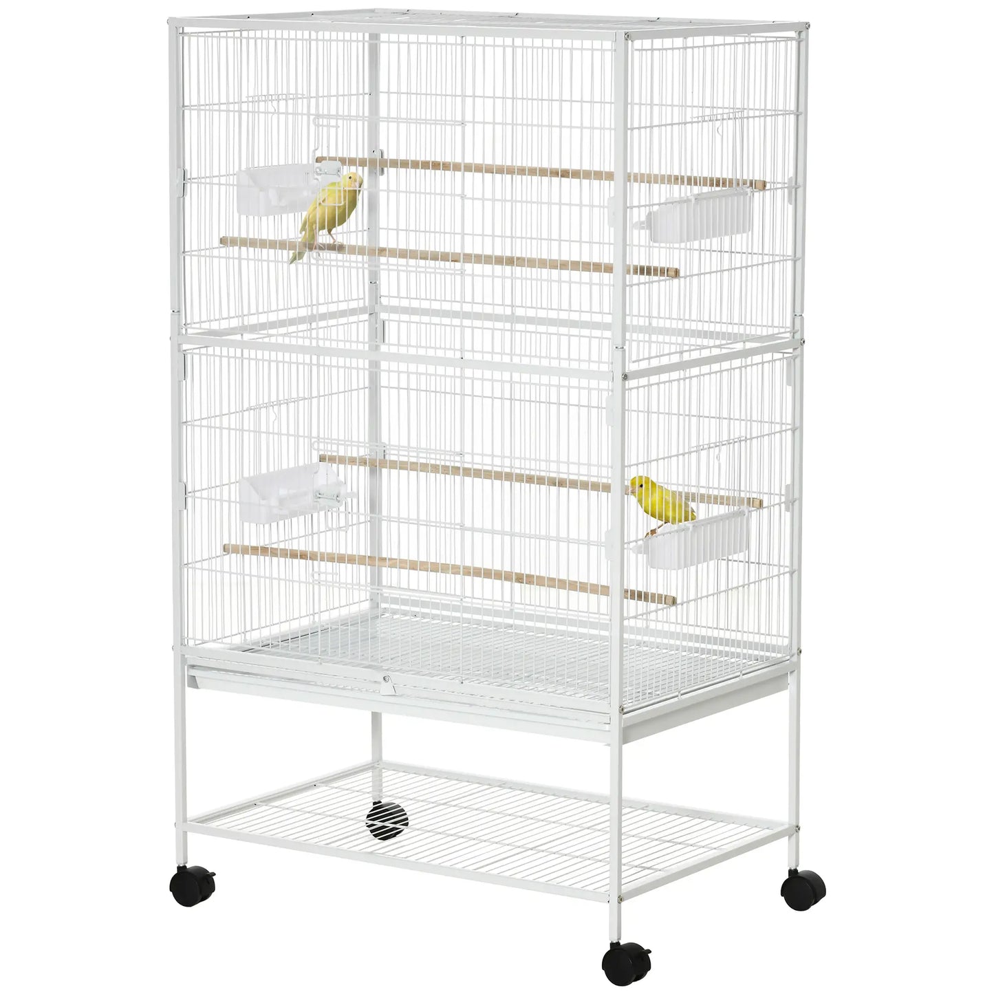 52" Large Rolling Steel Bird Cage, With Stand, Shelf, Perch, White Bird Cages at Gallery Canada