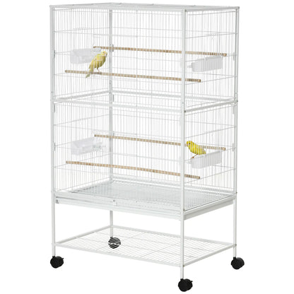 52" Large Rolling Steel Bird Cage, With Stand, Shelf, Perch, White Bird Cages at Gallery Canada