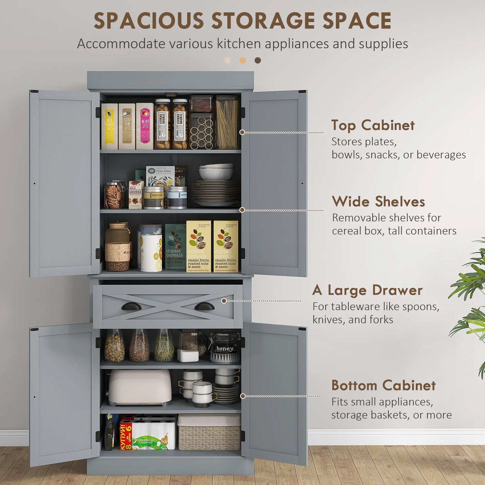 72.5" Kitchen Pantry Cabinet, 4 Doors, Drawer, Adjustable Shelves, Grey Kitchen Pantry Cabinets at Gallery Canada