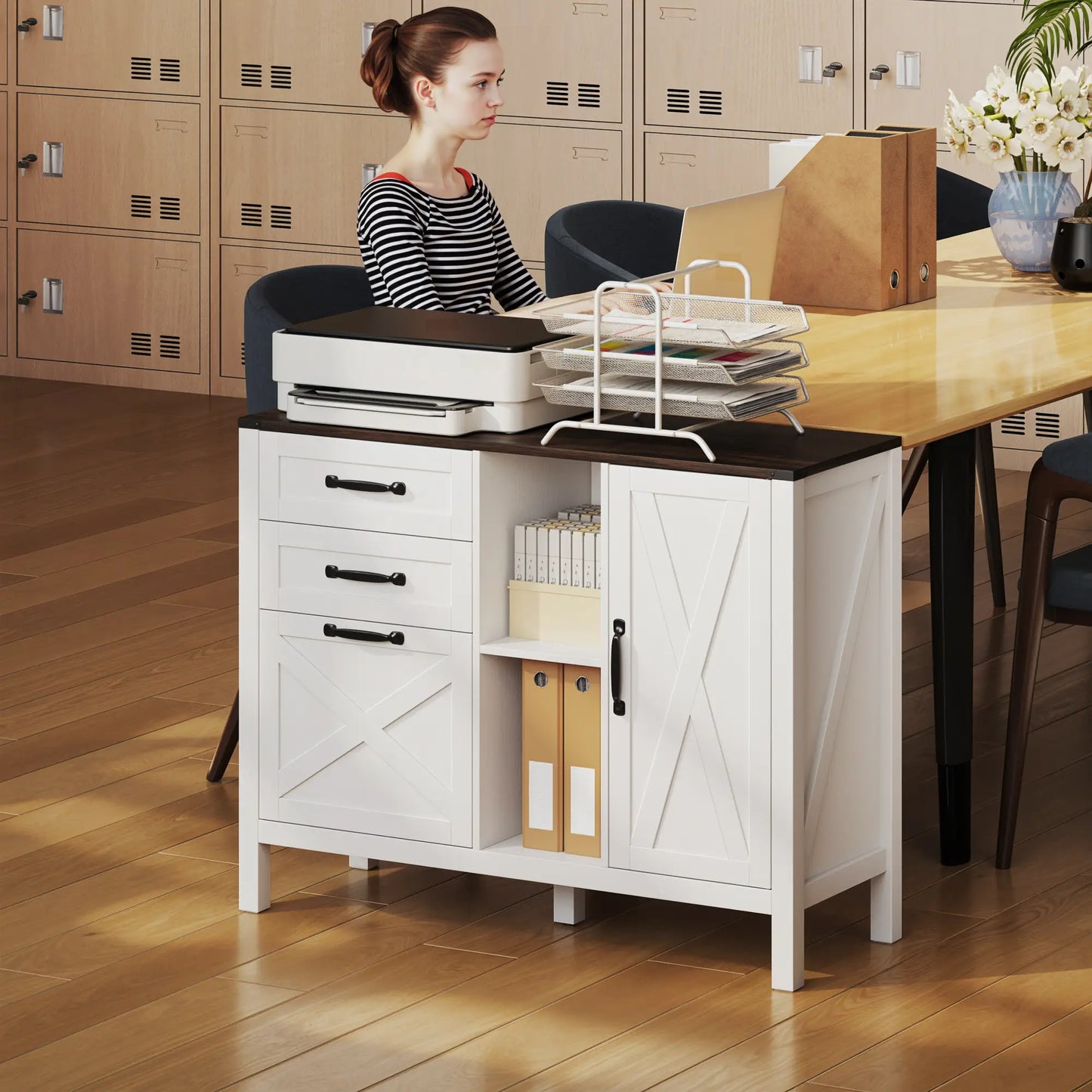 Lateral Filing Cabinet With Drawers, Shelves, Adjustable Hanging Bar, White