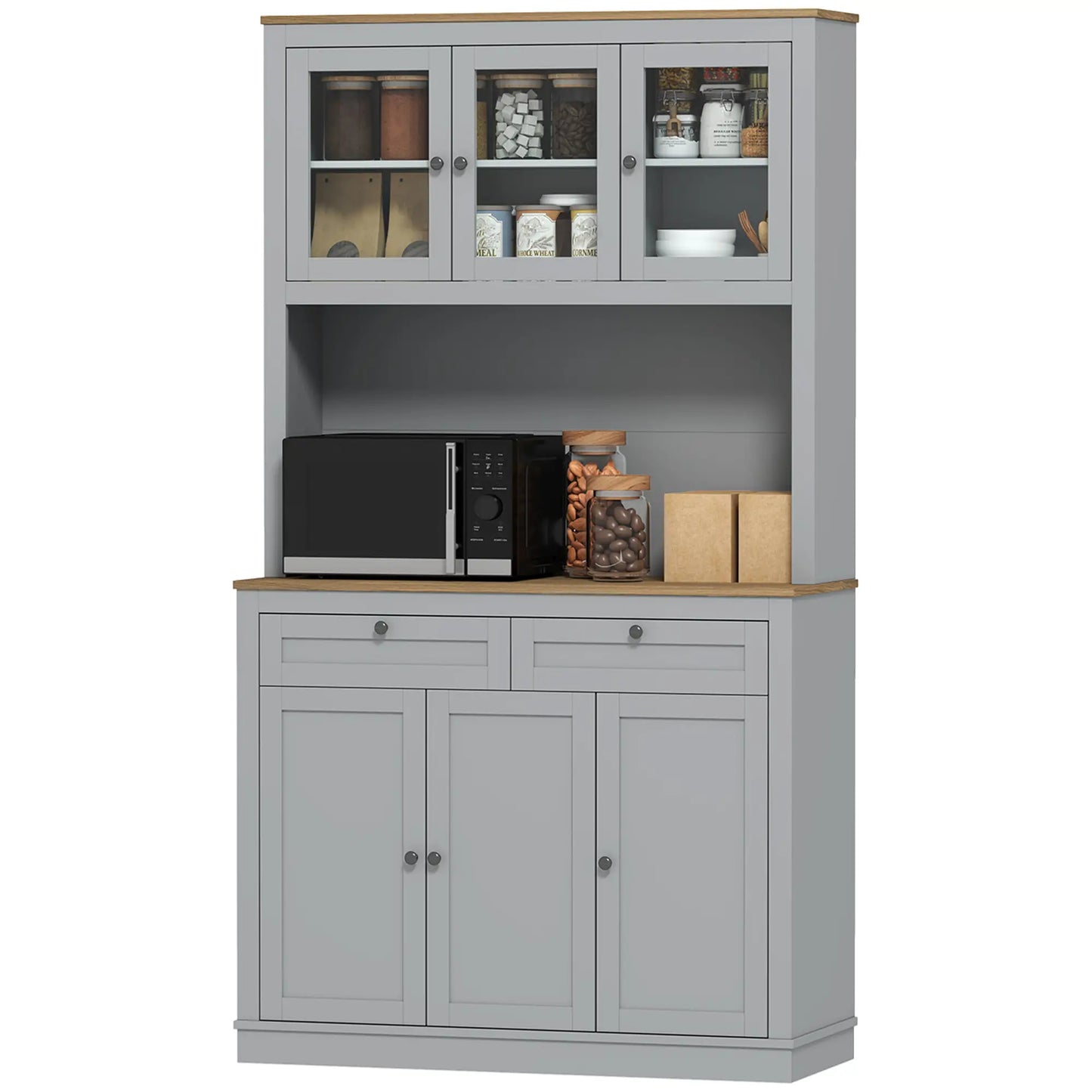 71" Pantry Cabinet with Microwave Space, 2 Drawers, Adjustable Shelves, Grey Kitchen Pantry Cabinets at Gallery Canada