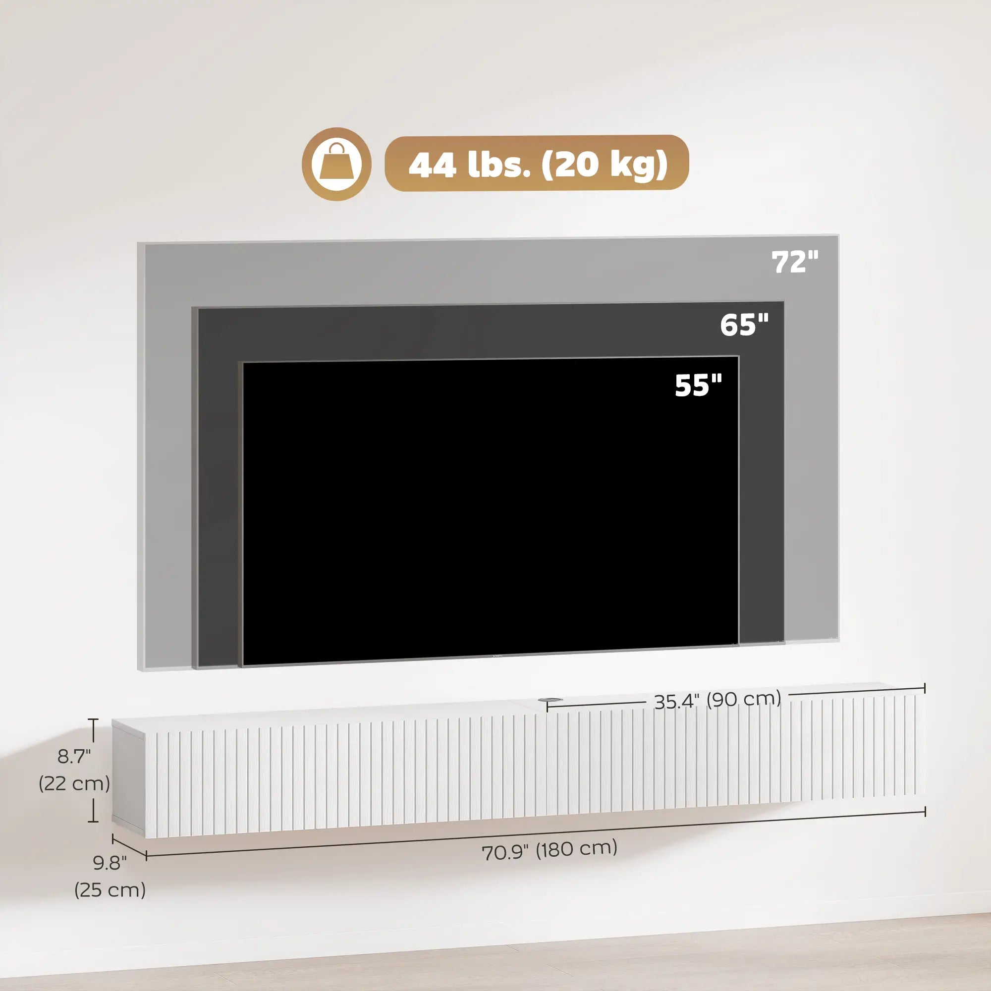 71 Inch Floating TV Stand, Wall Mount Media Console, 2 Fluted Doors, White TV Stands at Gallery Canada