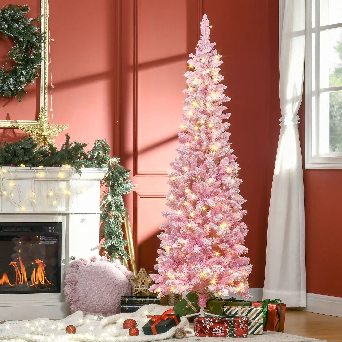 6ft Prelit Snow Flocked Artificial Christmas Tree, Pencil Shape, 500 Pine Branches, Warm White LED, Auto Open, Pink White Pre Lit Christmas Trees at Gallery Canada
