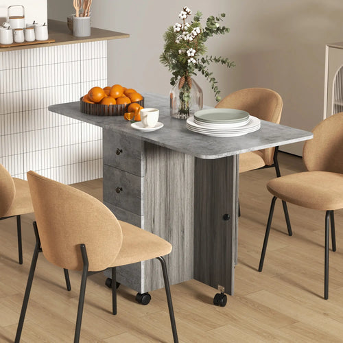Drop Leaf Dining Table, Mobile Folding Table on Wheels, Grey