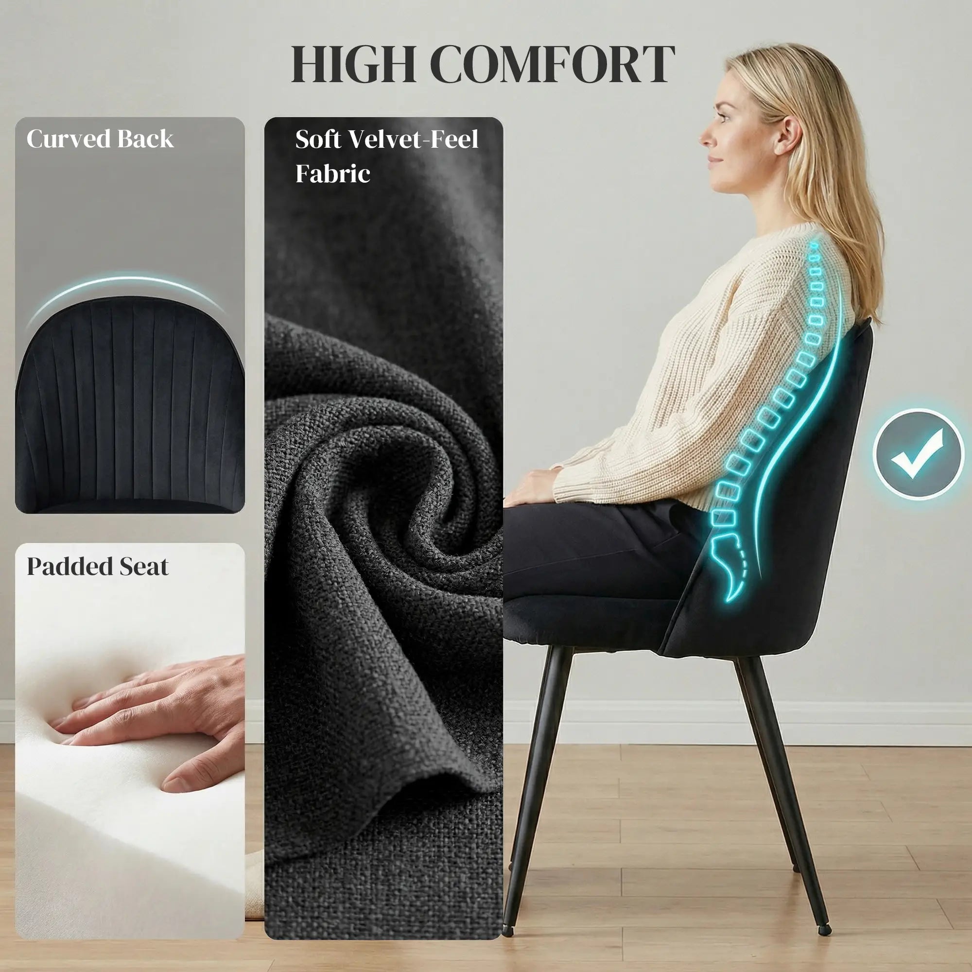 Modern Dining Chairs, Velvet Upholstered, Steel Legs, Black Dining Chairs at Gallery Canada
