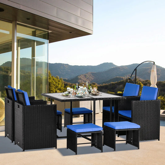 9-Piece Wicker Patio Dining Set, Glass Top Table, Ottomans, Blue Outdoor Dining Sets Blue at Gallery Canada