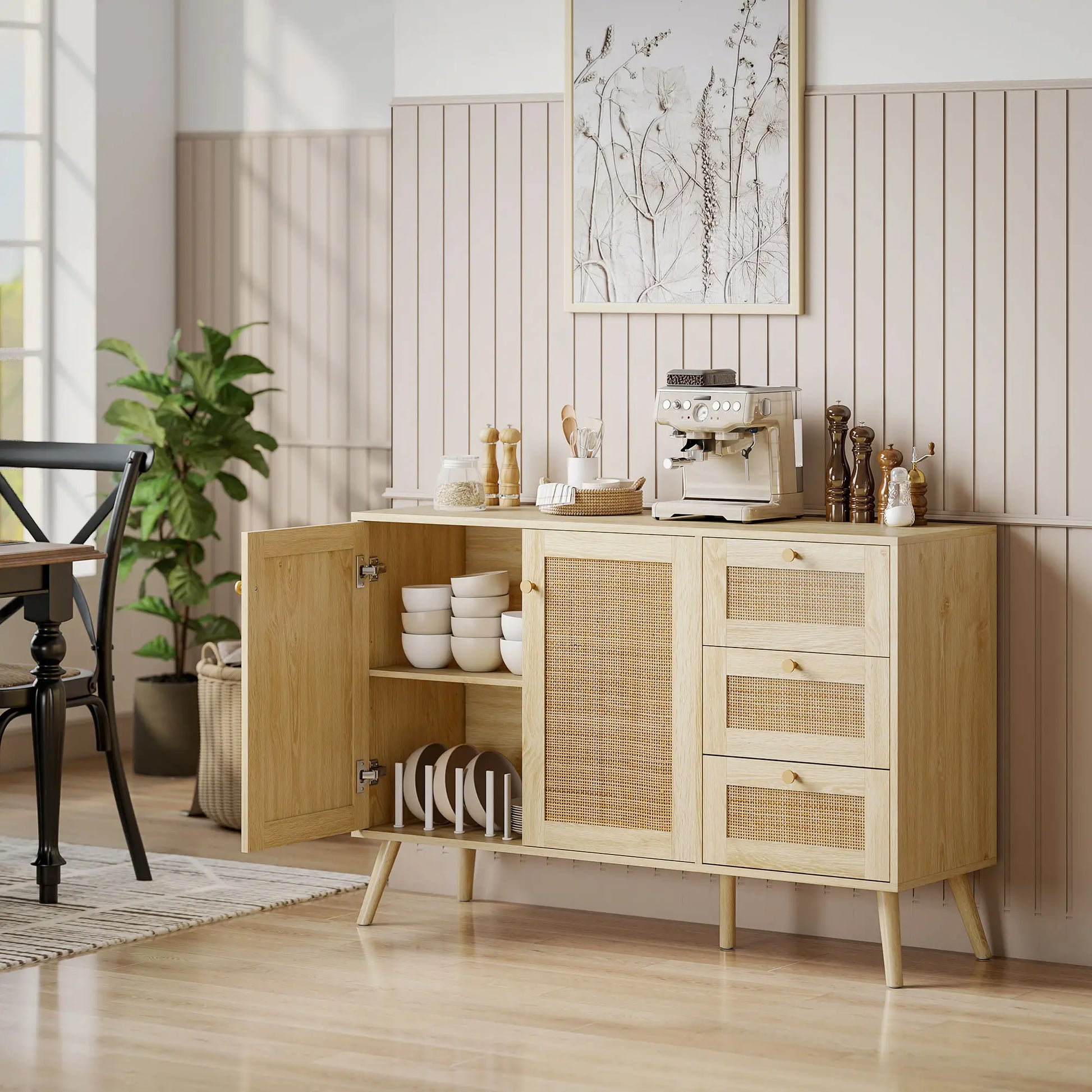 47 Inch Buffet Cabinet, Rattan Sideboard with Drawers, Natural Bar Cabinets at Gallery Canada