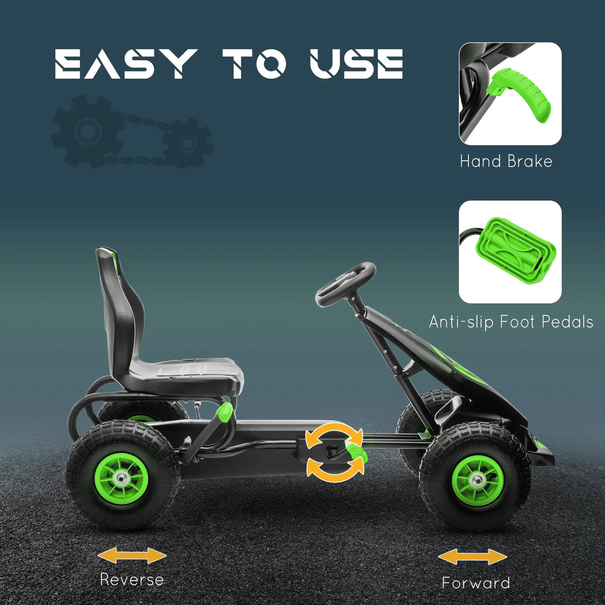 Adjustable Seat Pedal Go Kart, Rubber Wheels Shock Absorb, Green Pedal Go Karts for Kids at Gallery Canada