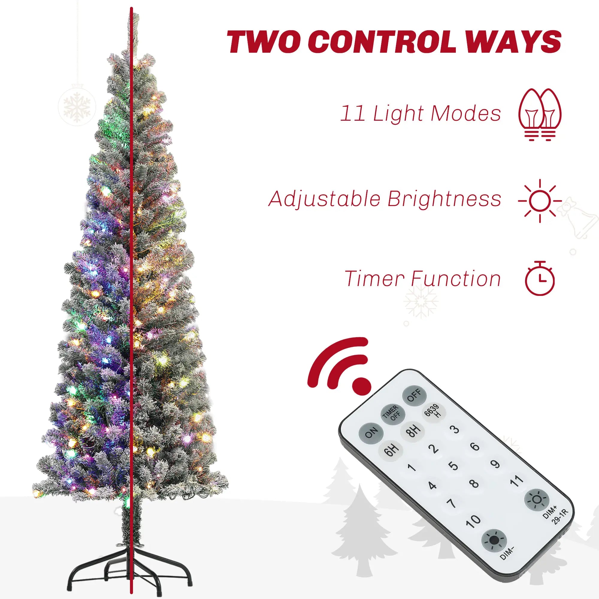 6ft Prelit Pencil Christmas Tree, Flocked, Dual Color LEDs, 429 Tips, Color Pre Lit Christmas Trees at Gallery Canada