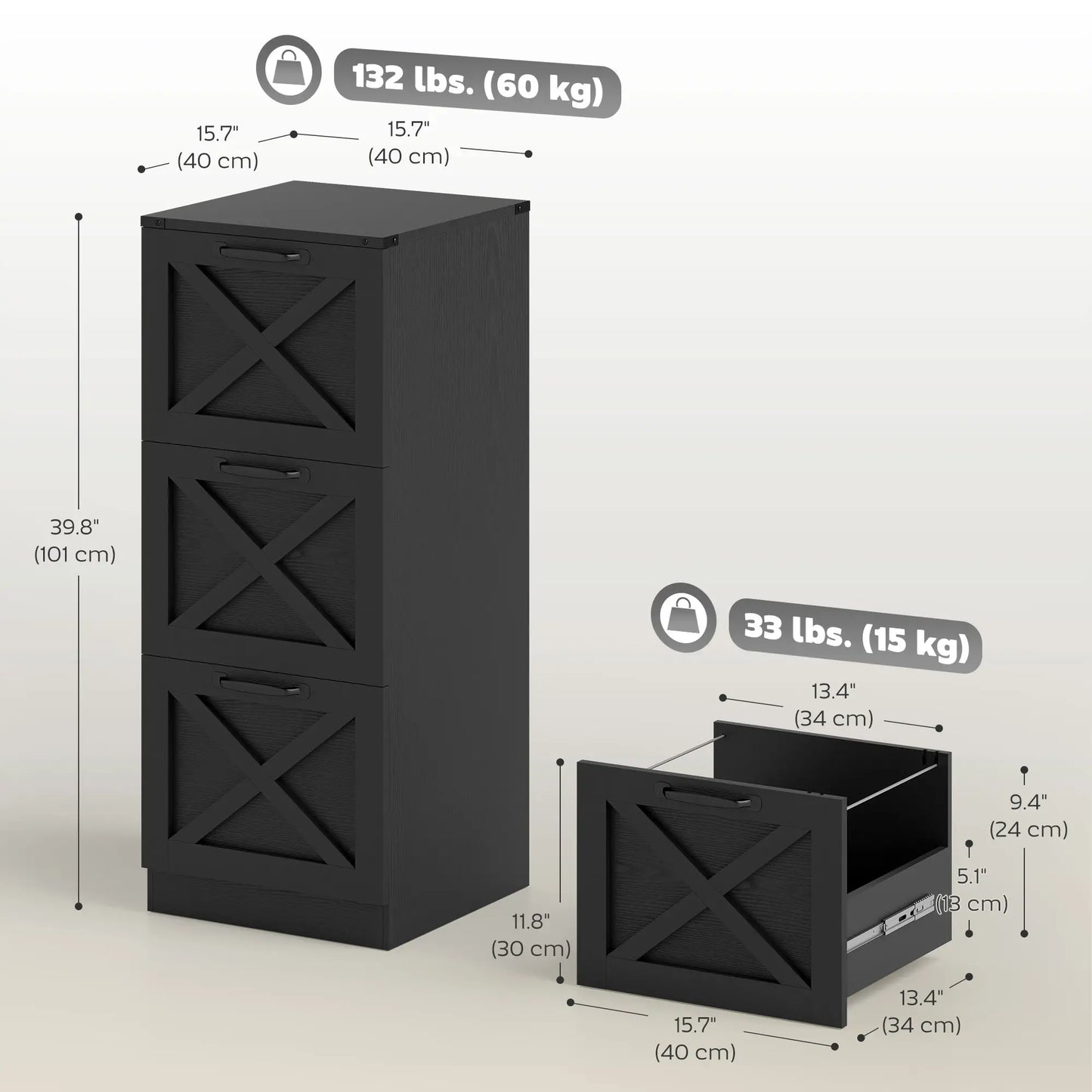 3 Drawer File Cabinet, Vertical Farmhouse, Letter/A4 Size, Black