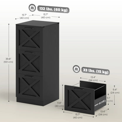 3 Drawer File Cabinet, Vertical Farmhouse, Letter/A4 Size, Black