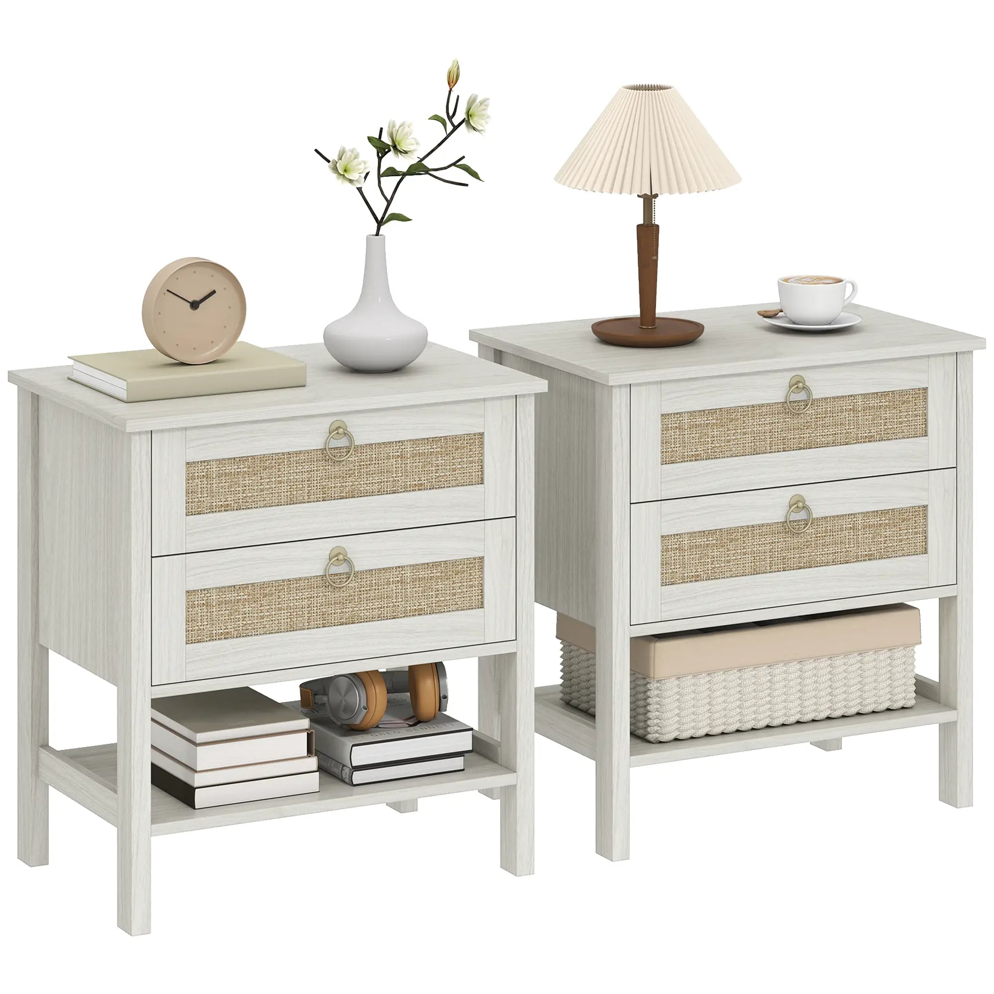 Set Of 2 Rattan Nightstands, 2 Drawers, Storage Shelf, White Oak Bedside Tables at Gallery Canada