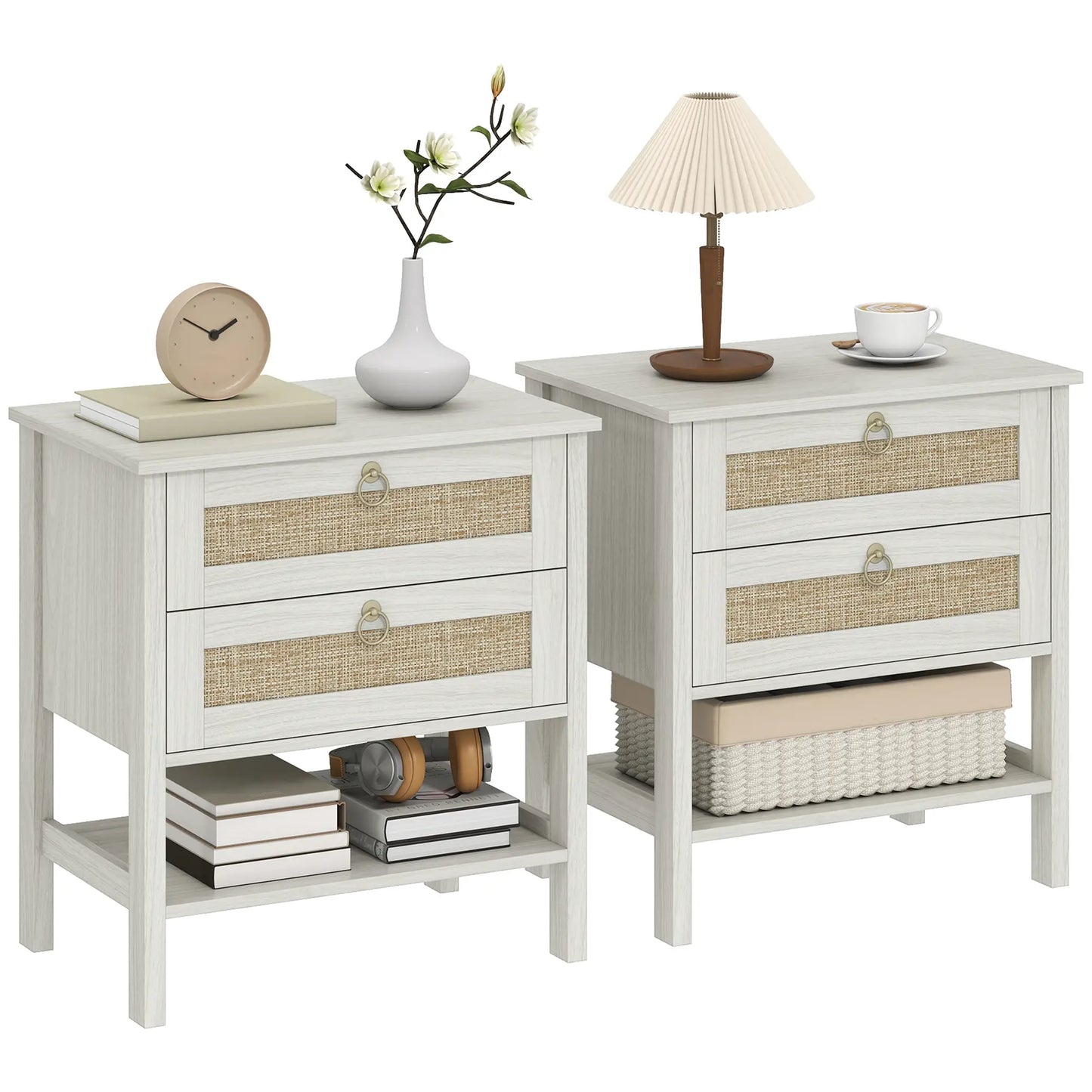 Set Of 2 Rattan Nightstands, 2 Drawers, Storage Shelf, White Oak Bedside Tables at Gallery Canada