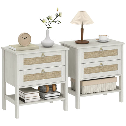 Set Of 2 Rattan Nightstands, 2 Drawers, Storage Shelf, White Oak Bedside Tables at Gallery Canada