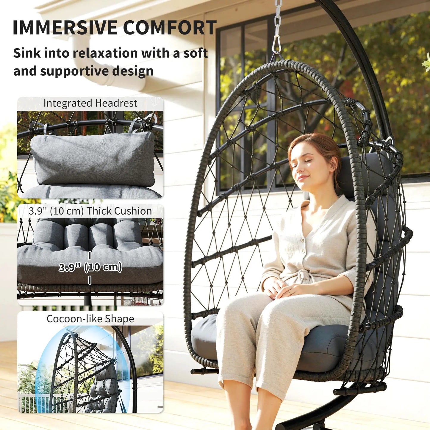 Chaise Œuf Suspendue, Balançoire en Rotin Tressé Pliable, Gris