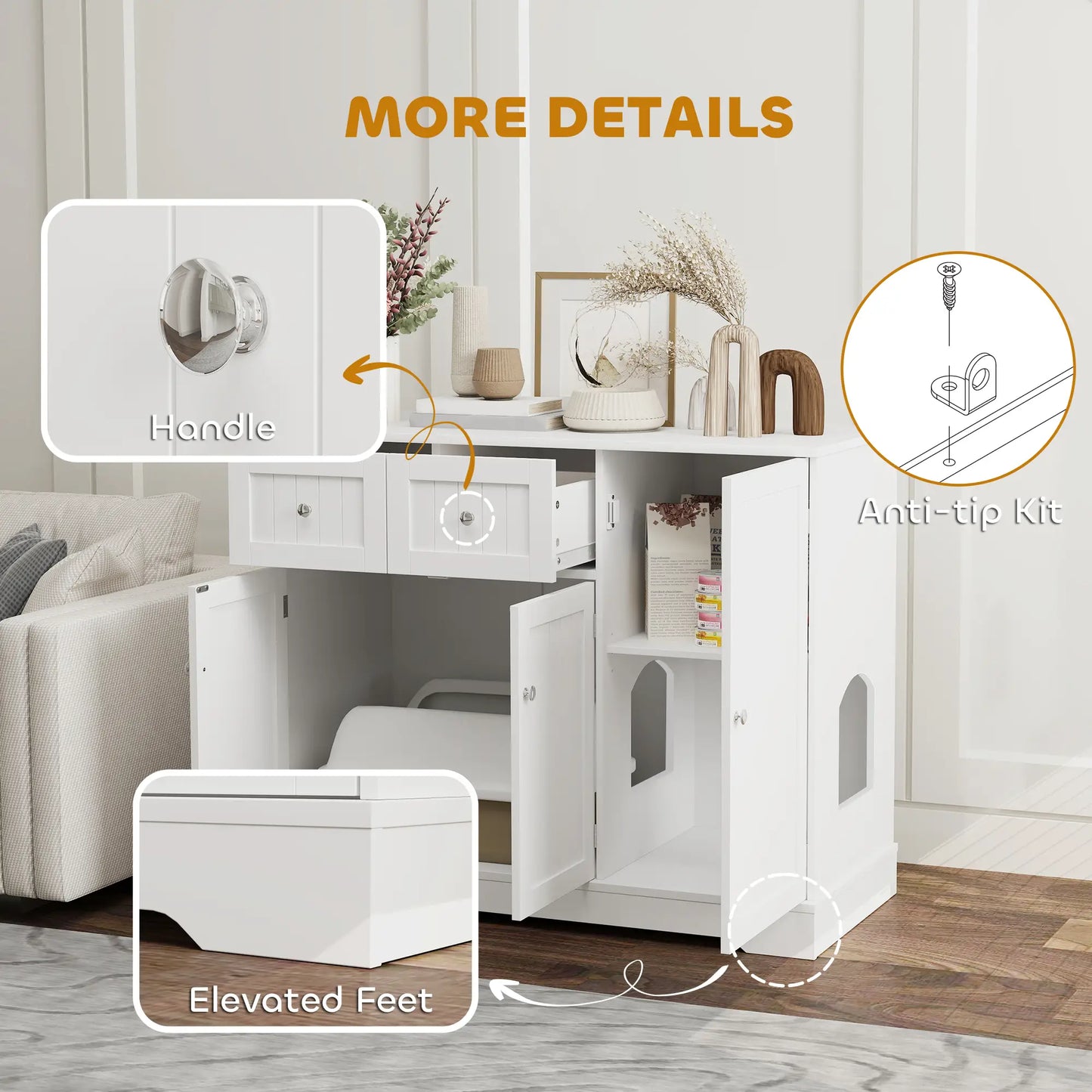 Cat Litter Box Enclosure with Drawer, Storage, Anti-Tip Kit, White Cat Litter Box Enclosures at Gallery Canada