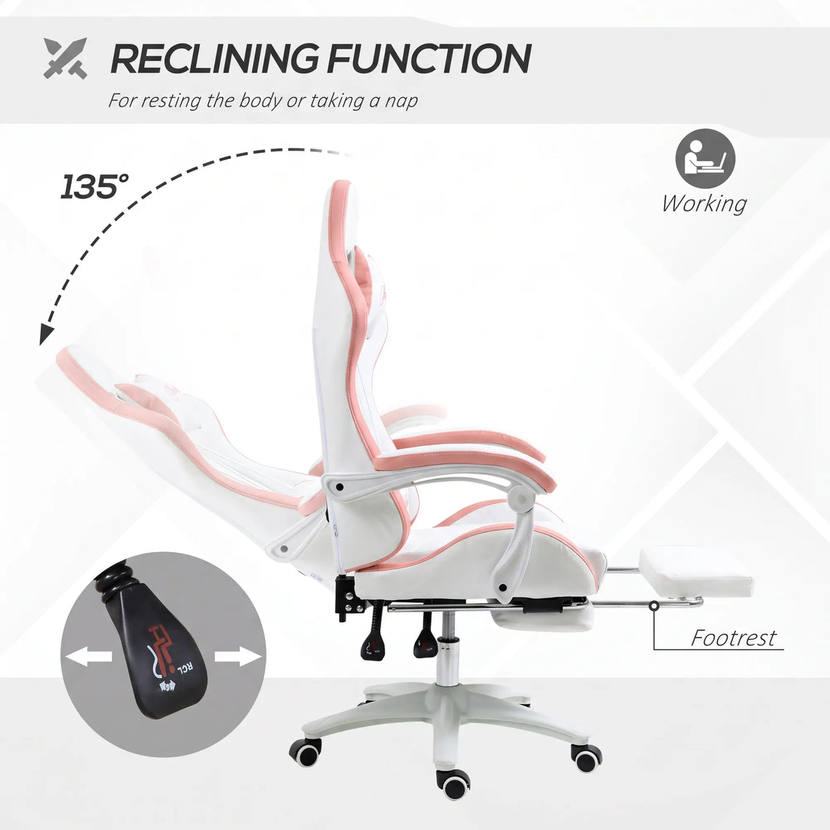 Computer Gaming Chair, PU Leather, 135° Reclining Back, White Video Game Chairs at Gallery Canada