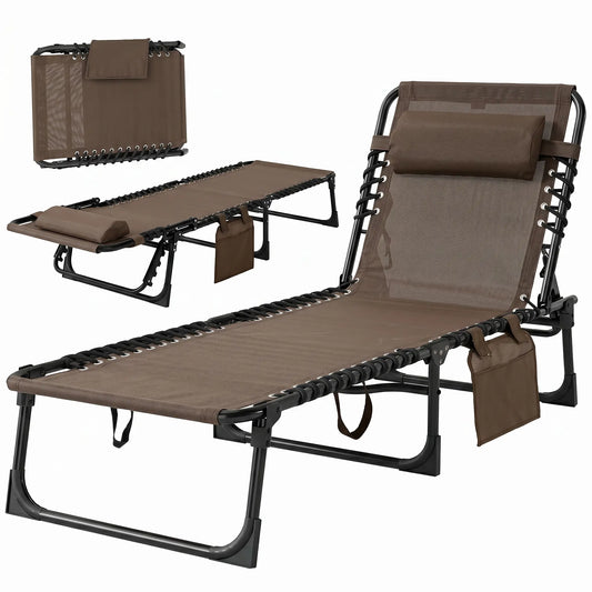 Outdoor Folding Chaise Lounge, Adjustable Backrest, Removable Pillow, Brown Lounger Chairs Brown at Gallery Canada