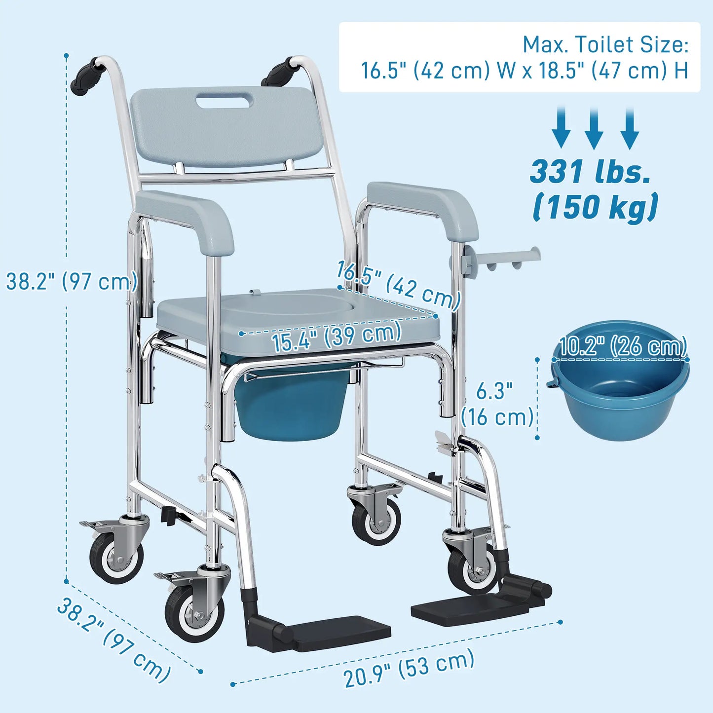Rolling Shower Chair, Commode with Wheels, Backrest, Arms, Flip Footrests, Grey Bath Chairs at Gallery Canada