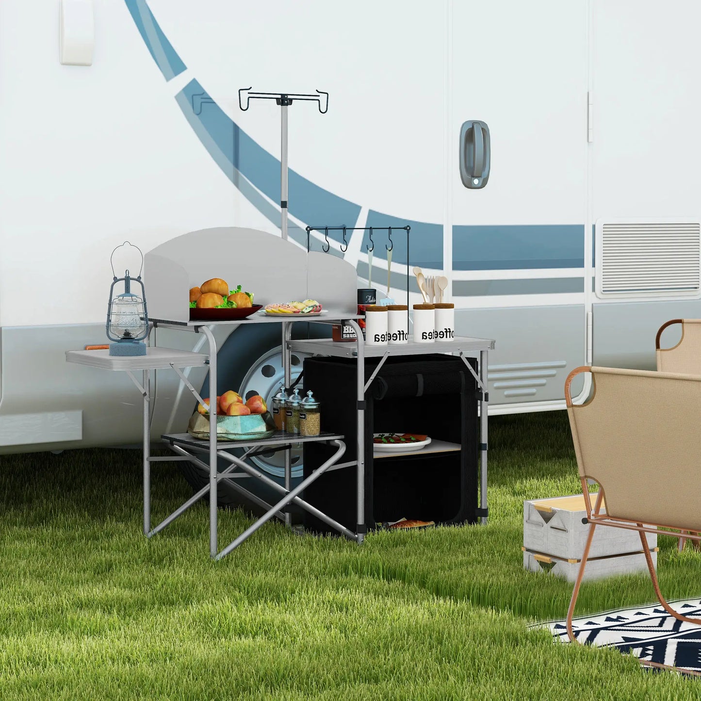 Camping Kitchen Table, Aluminum Folding with Storage, Silver Picnic Tables & Camping Chairs at Gallery Canada