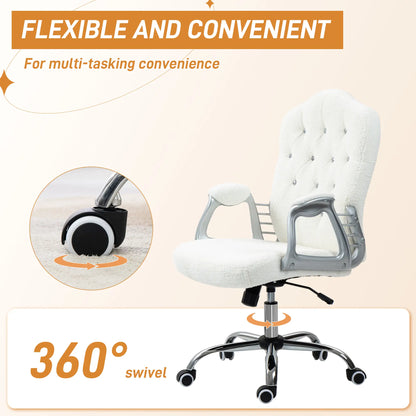 Teddy Fleece Computer Chair, Button Tufted, Swivel Wheels, Adjustable Height, White Executive & Manager Chairs at Gallery Canada