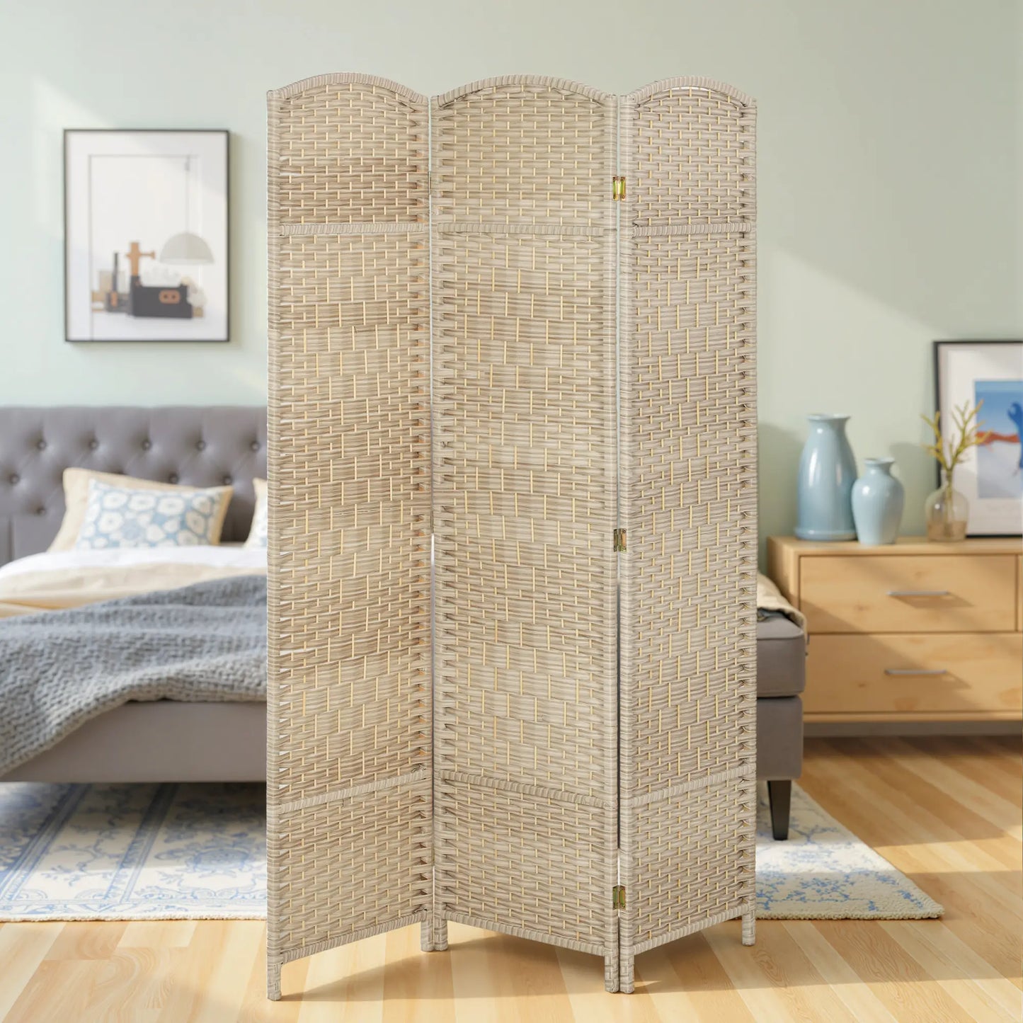 6 Ft Folding Room Divider, 3 Panel Privacy Screen, Light Oak