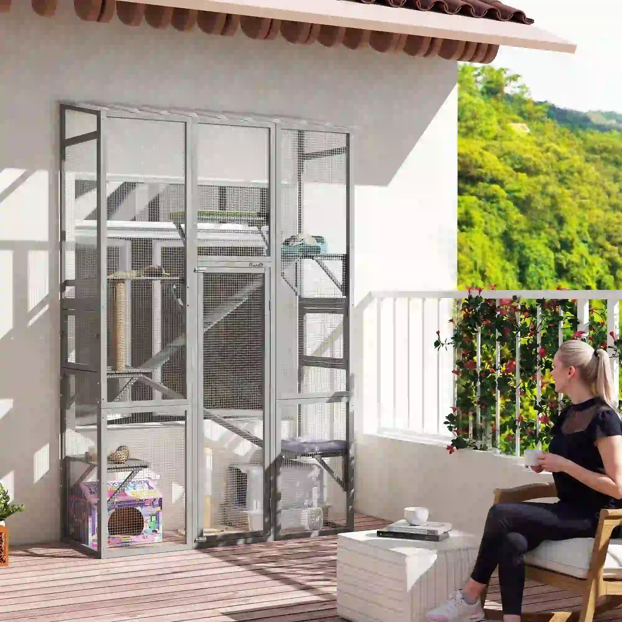 Wooden Catio Outdoor Cat Enclosure, 6 Jumping Platforms, Scratching Post, 2 Ramps, Waterproof Roof, Grey Outdoor Cat Enclosures at Gallery Canada