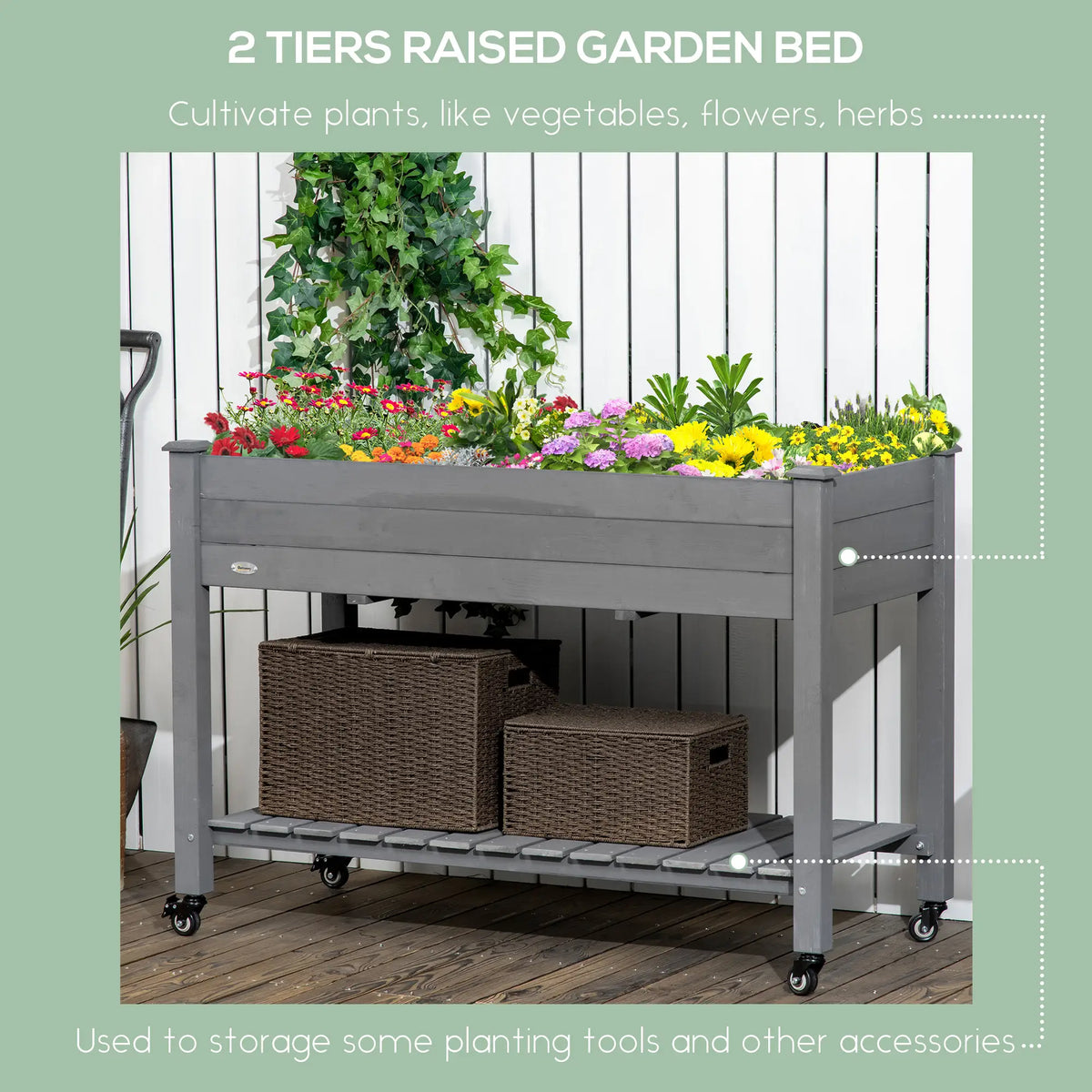 Lit de Jardin surélevé Mobile, Bac à Plantes en Bois avec Roues, Étagère de Rangement, Gris Foncé