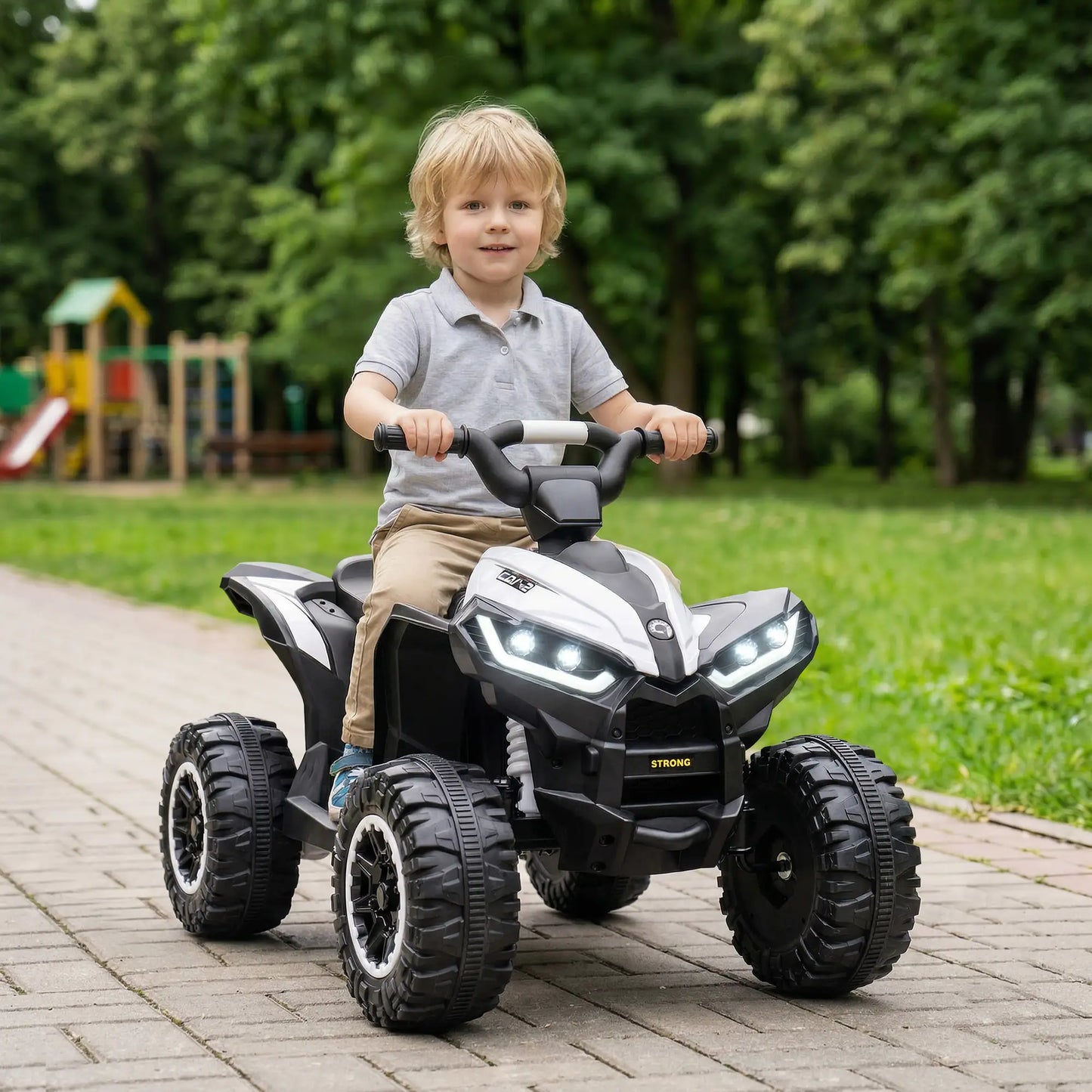 Kids 4 Wheeler Quad with Music, Headlights, High Low Speed, White Electric Toy Cars at Gallery Canada