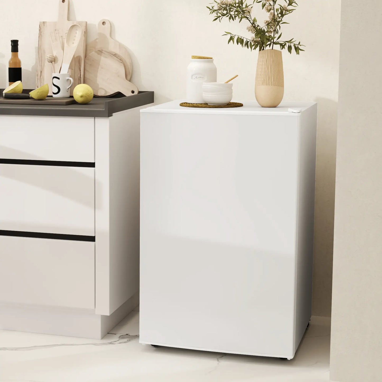 4.5 Cu Ft Mini Fridge with Freezer, Wheels, Adjustable Thermostat, White Small Kitchen Appliances at Gallery Canada