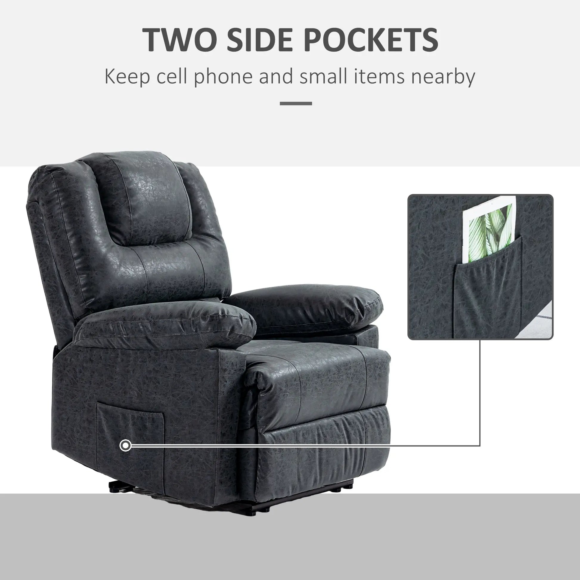 PU Leather Recliner Chair, Manual, Living Room, Footrest, Side Pockets, Steel Frame, Black Single Sofas at Gallery Canada