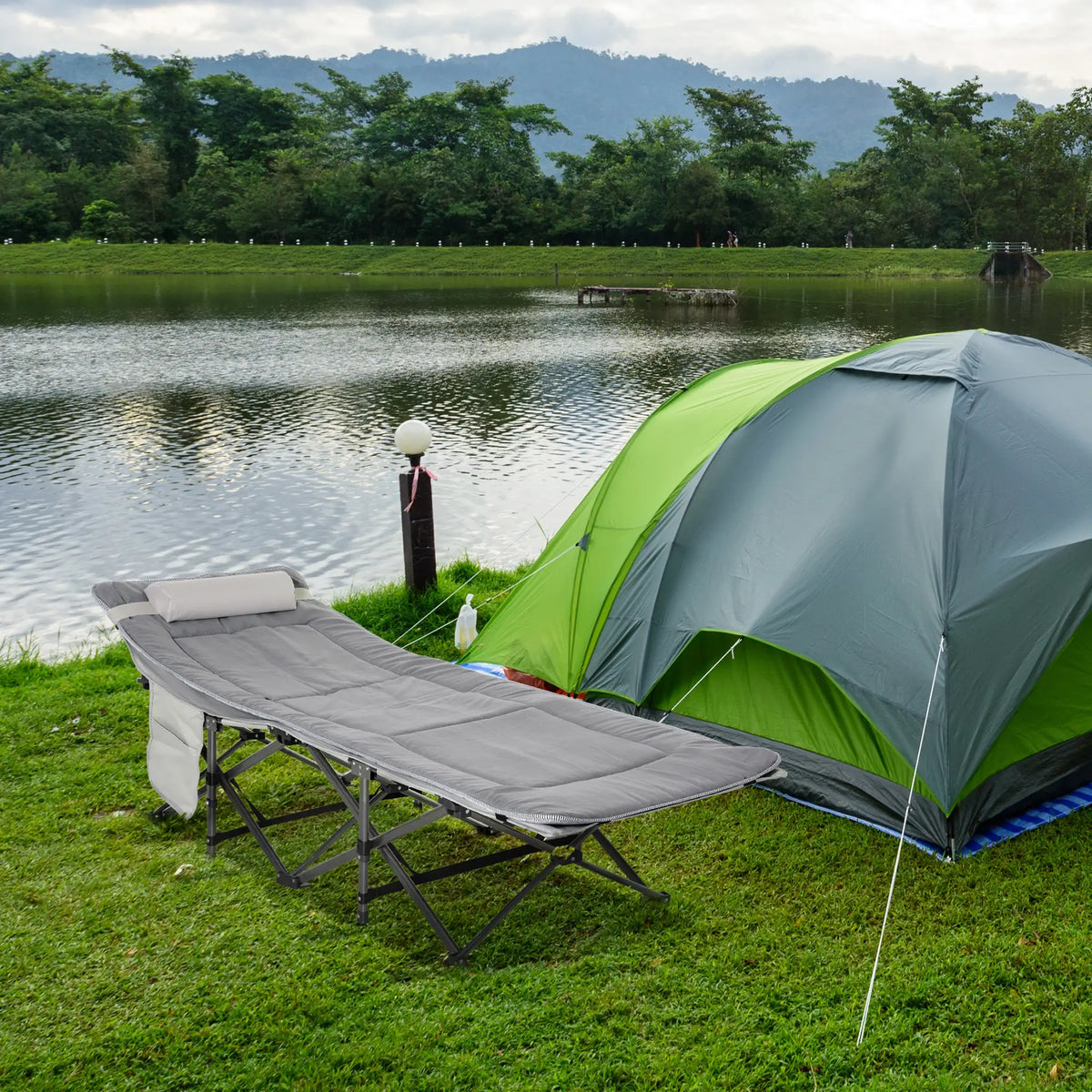 Folding Camping Cot with Mattress, Pillow, Double Layer Oxford, Carry Bag, Light Grey