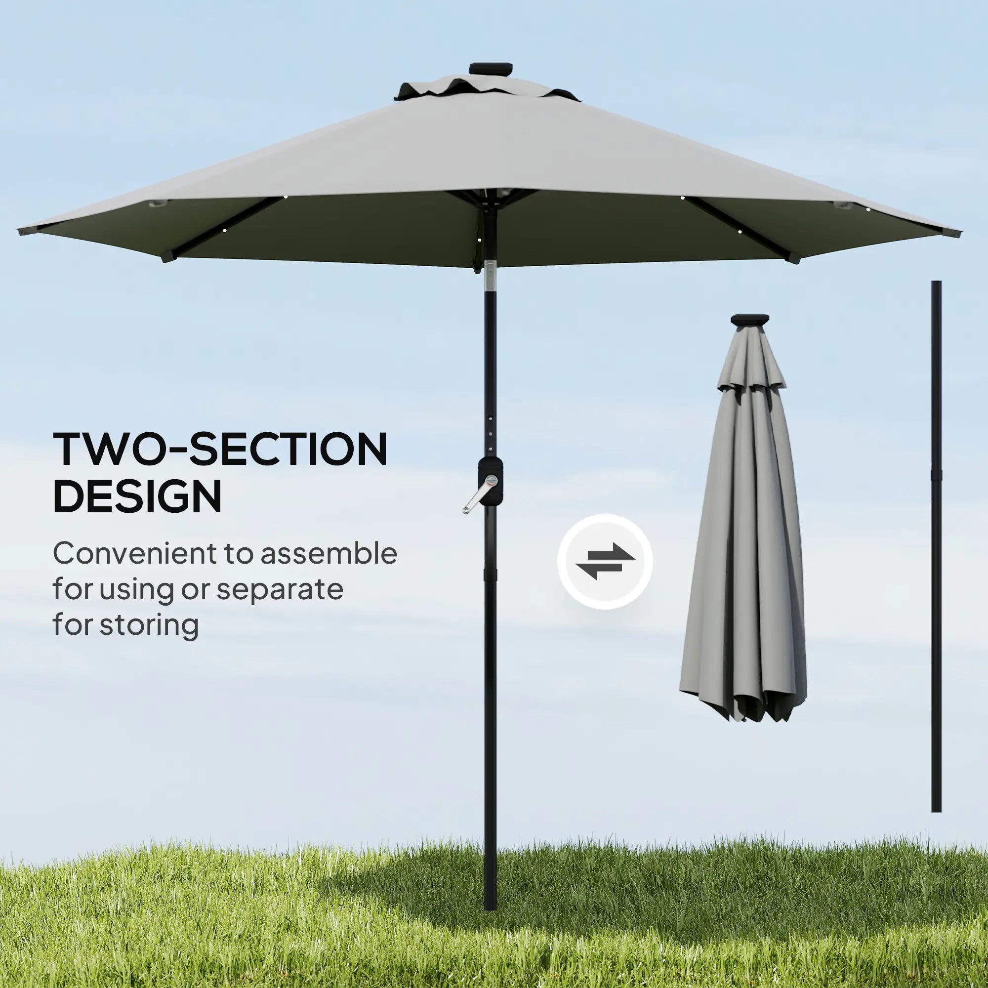 8.8 ft Solar Patio Umbrella, Adjustable LED Lights, Dark Grey Sun Umbrellas at Gallery Canada