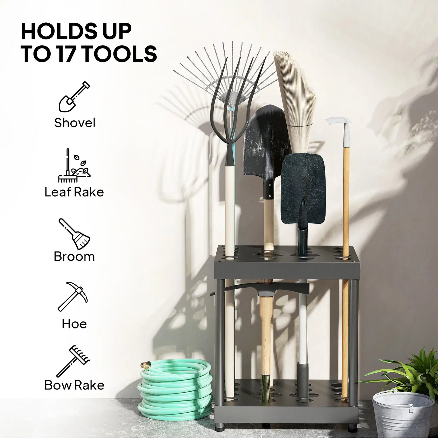 Heavy-Duty Metal Garden Tool Storage Rack, 16 Tool Organizer