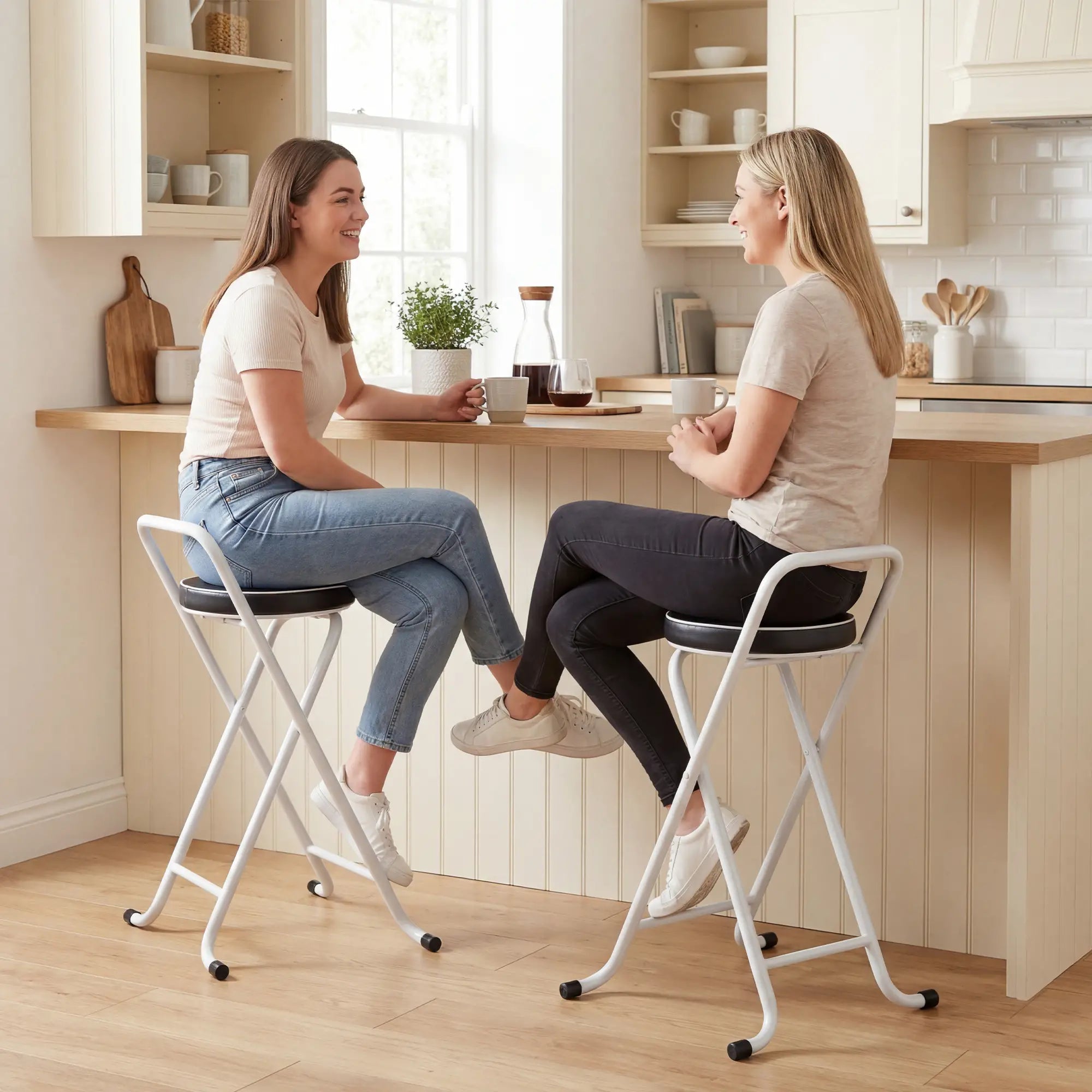 Foldable Bar Stools Set Of 2, PU Cushioned Seat, Footrest, Black Bar Stools at Gallery Canada