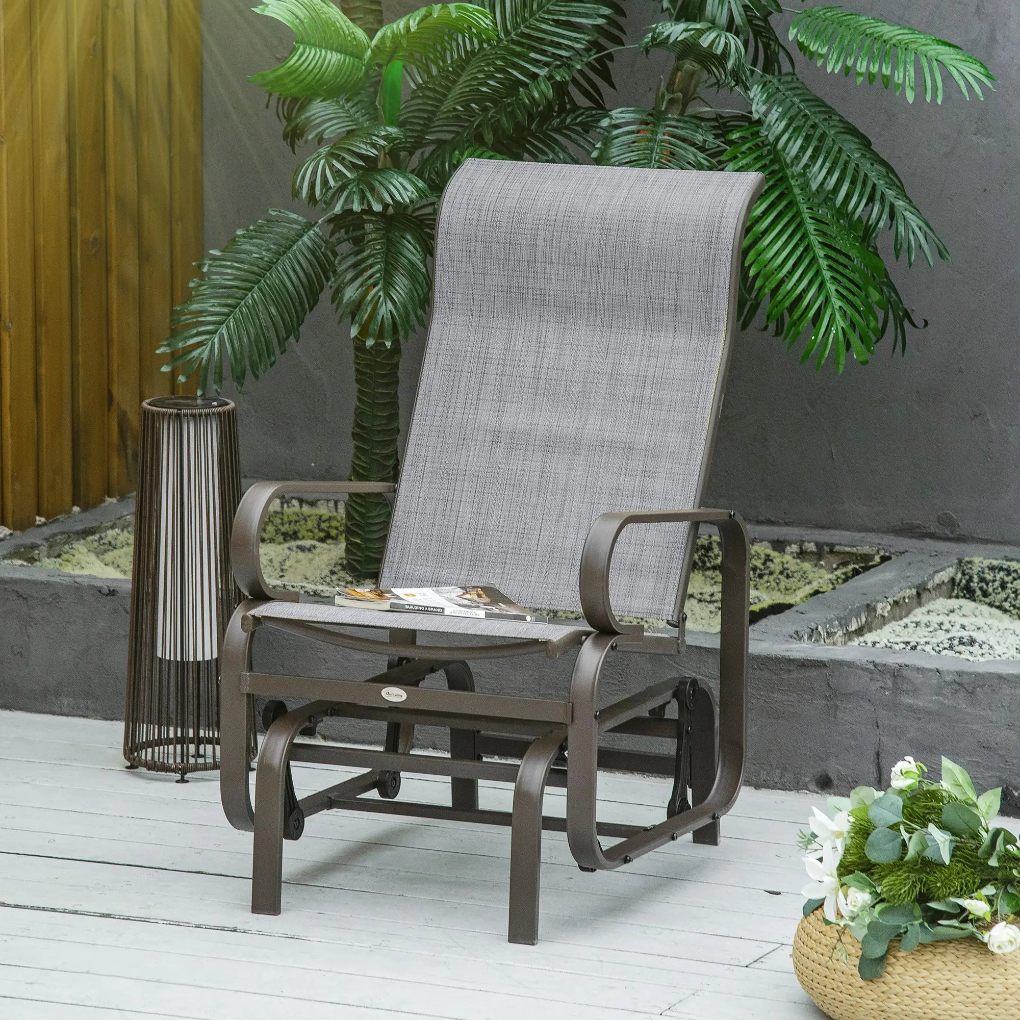 Patio Glider with Breathable Mesh, Outdoor Rocking Chair, Brown Grey Outdoor Gliders at Gallery Canada