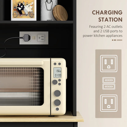 Kitchen Cabinet with Charging Station, 2 Tilt Out Cabinets, Microwave Stand, Black Kitchen Pantry Cabinets at Gallery Canada