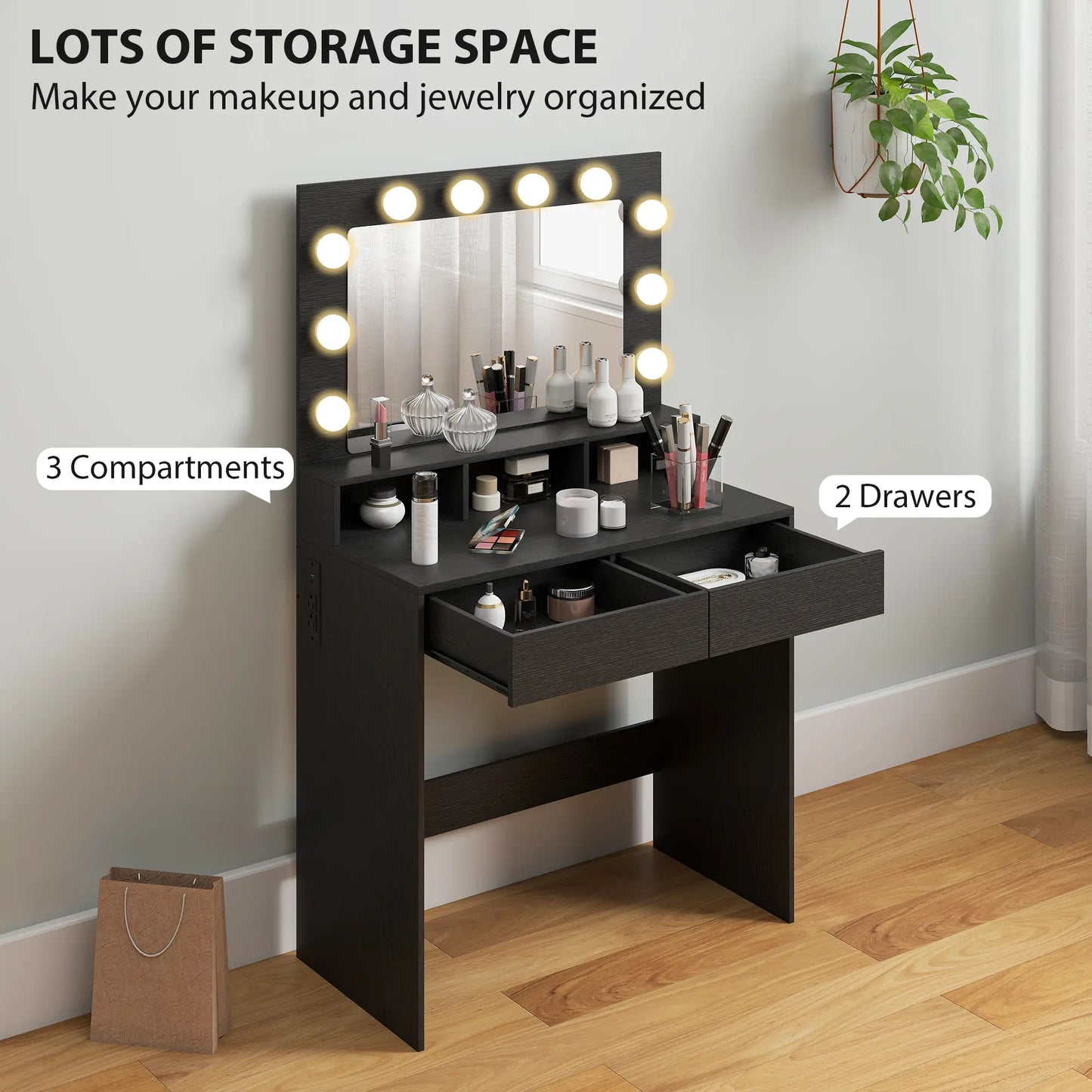 Vanity Table With LED Mirror, Charging Station, Drawers, Black Dressing & Vanity Tables at Gallery Canada