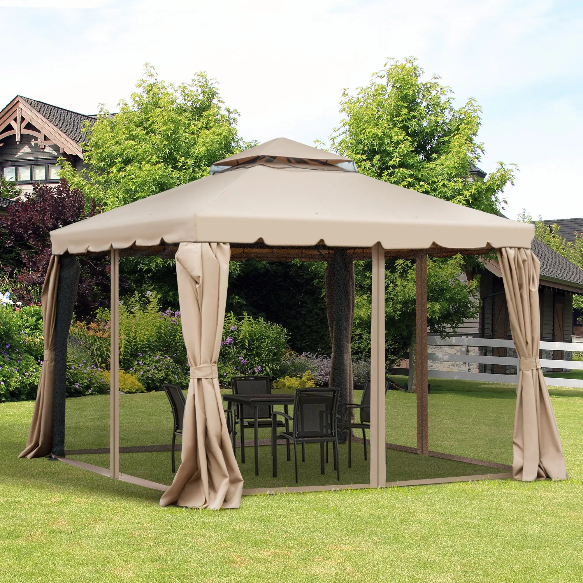 Deck Gazebo with Curtains, Mesh Screen, 10ft x 10ft, Khaki Gazebos at Gallery Canada