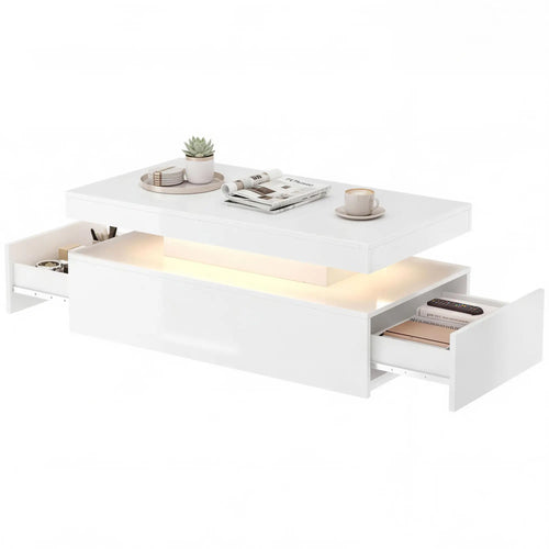LED Coffee Table With Storage, 2-Tier, White