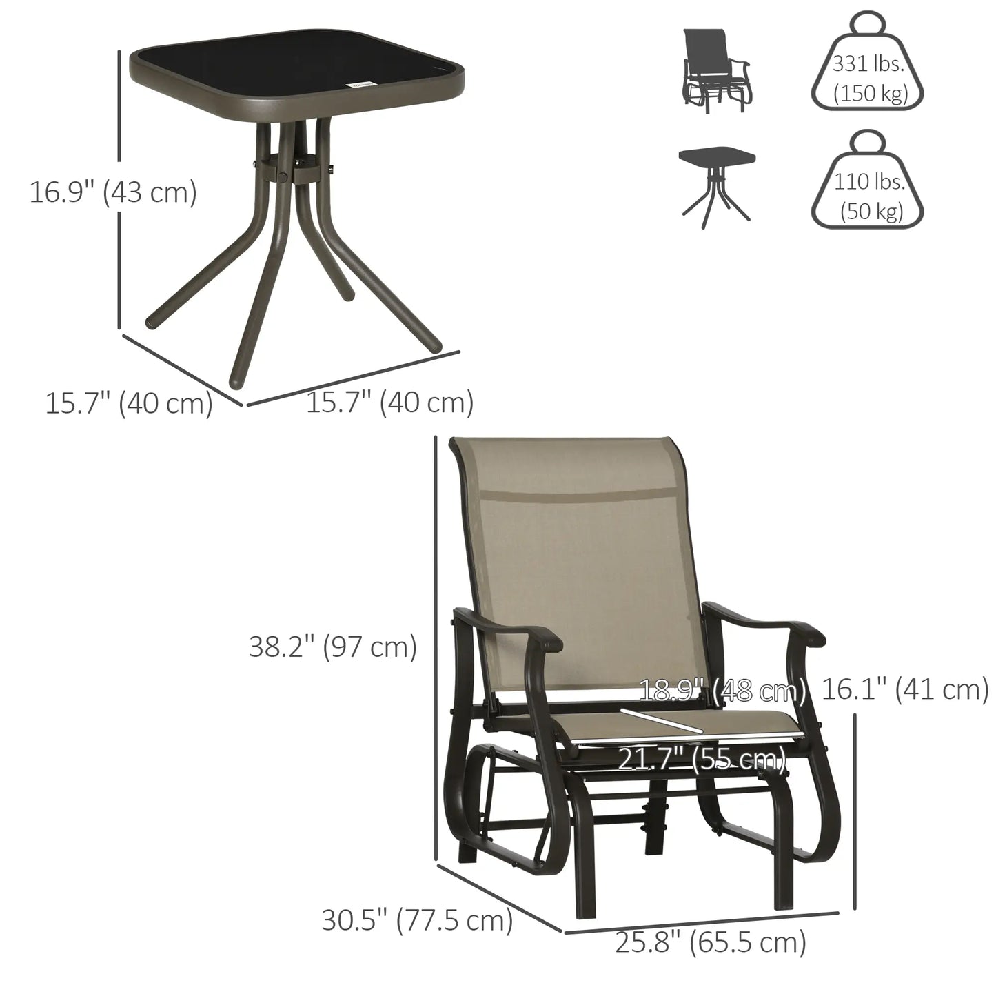 3PCs Gliding Rocking Chair, Bistro Tea Table Set, Grey Outdoor Gliders at Gallery Canada