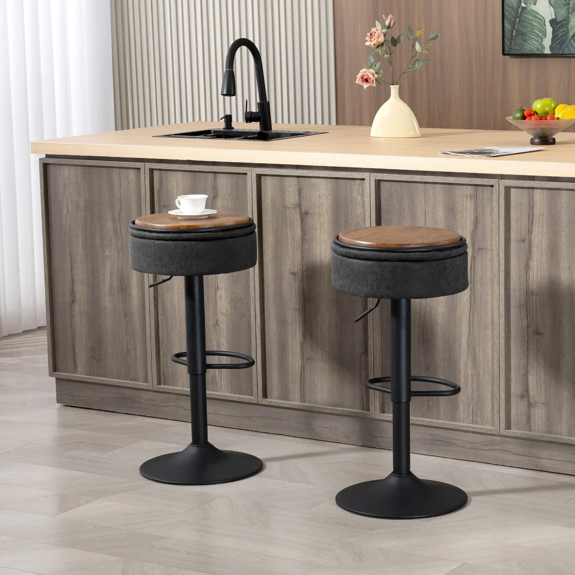 Set of 2 Barstools with Storage, Swivel, PU Leather, Footrest, Steel Base, Black Bar Stools at Gallery Canada