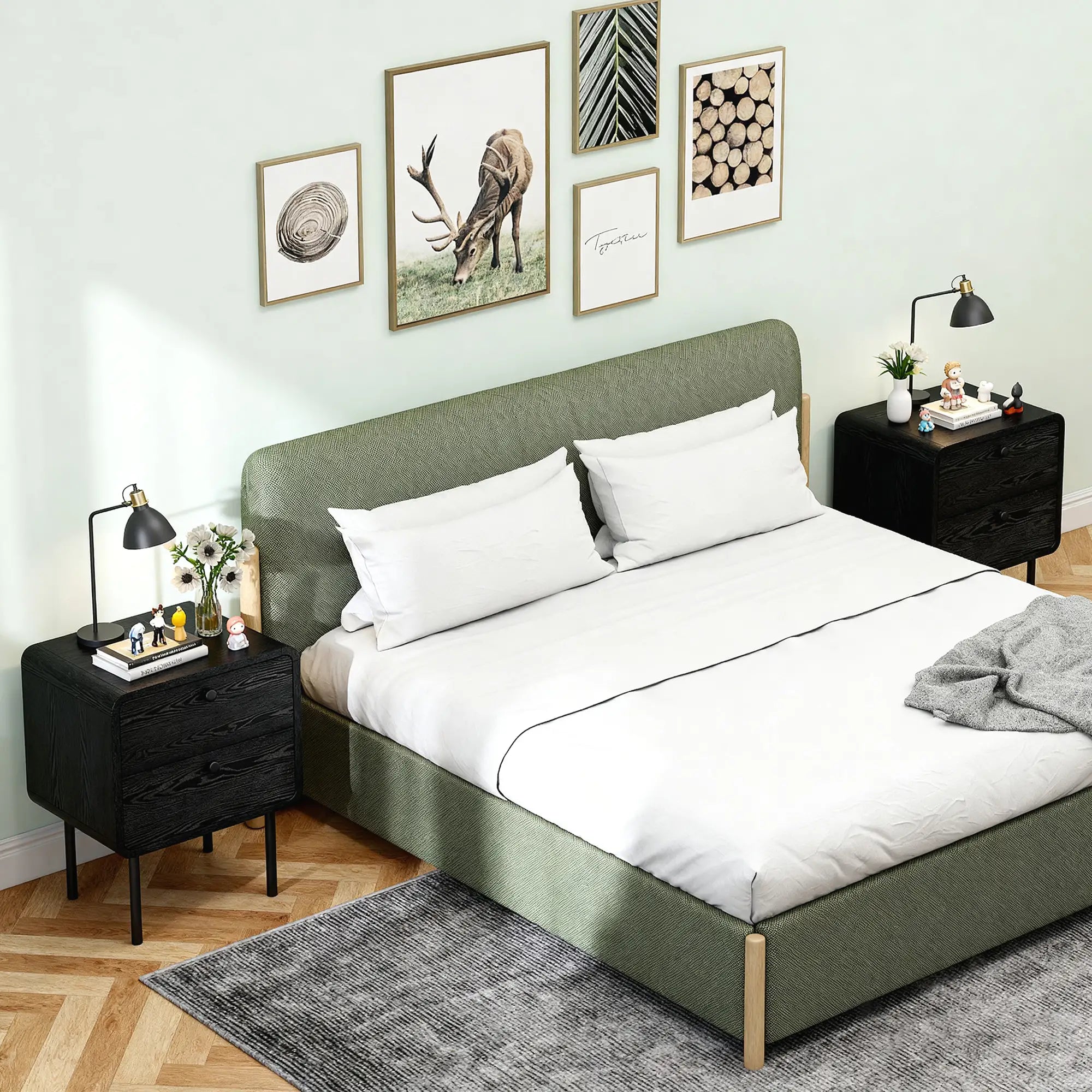 Modern Bedside Tables Set of 2, 2 Drawers, Steel Legs, Black Wood Grain, Black Bedside Tables at Gallery Canada