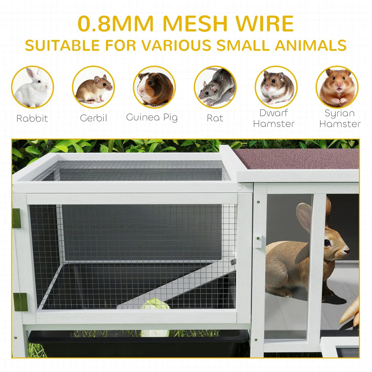 Wooden Rabbit Hutch With Run, Openable Top, Pull Out Tray, Ramp, Water-Resistant Roof, Grey