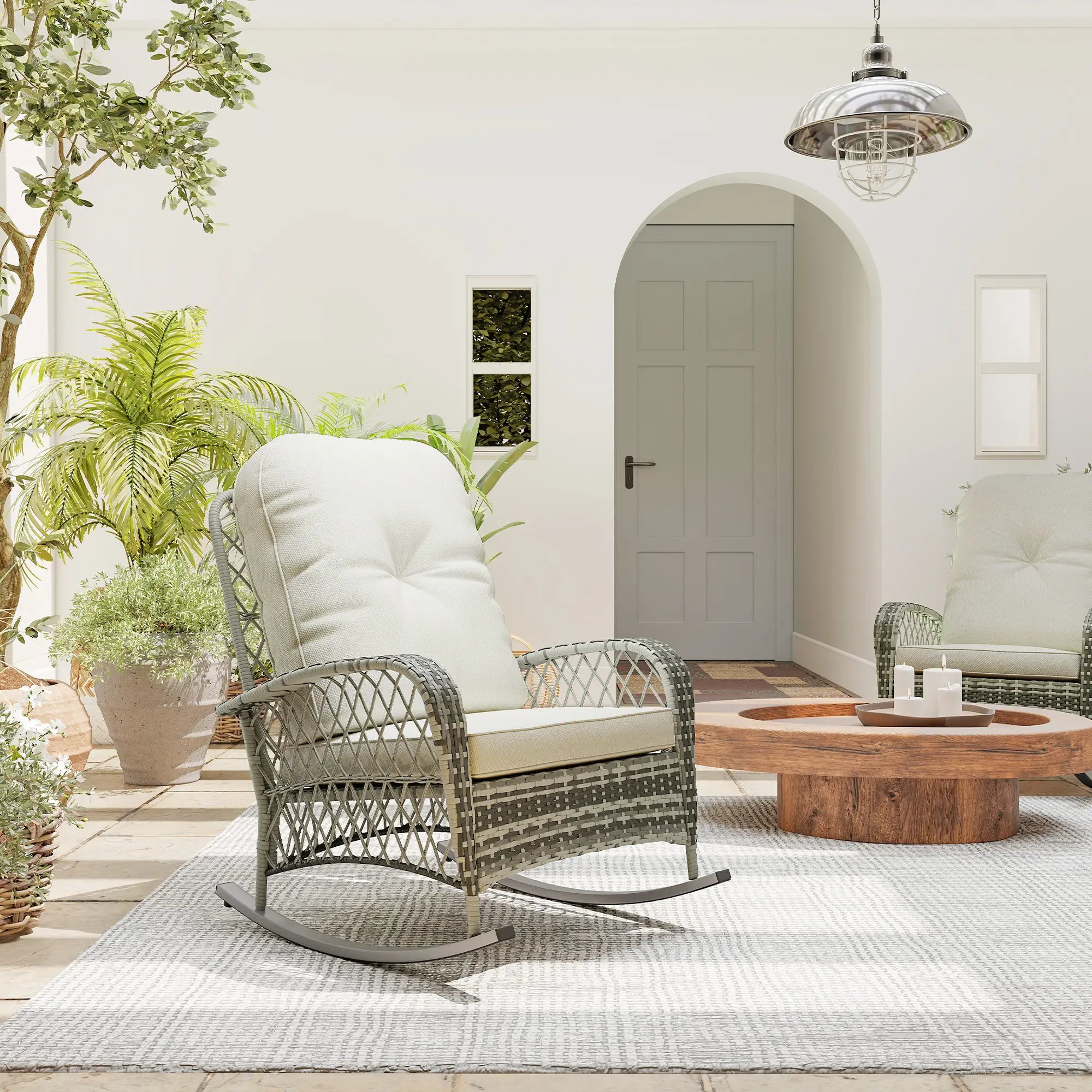 Rattan Rocking Chair, Outdoor Wicker Patio Rocker with Cushions, Khaki Outdoor Rocking Chairs at Gallery Canada